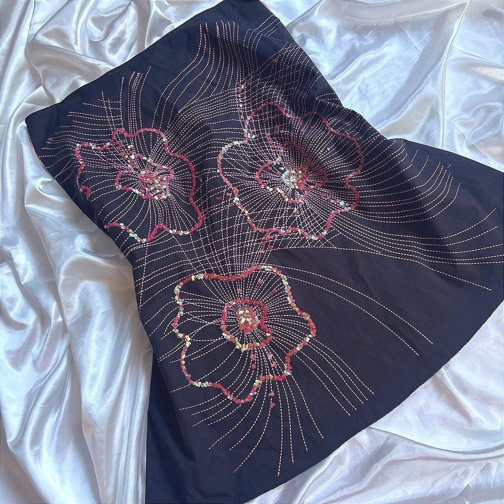 y2k Lipslide Floral Mini Skirt Black Sequin Stitching S8572-2 Small